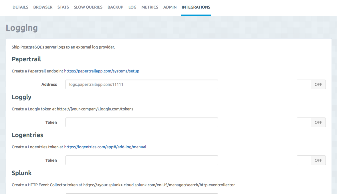 ElephantSQL log integrations